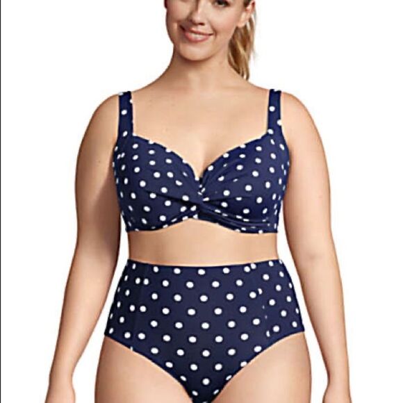 Land’s End Plus Standard twist polkadot bikini top underwire Navy white Various - Picture 2 of 12